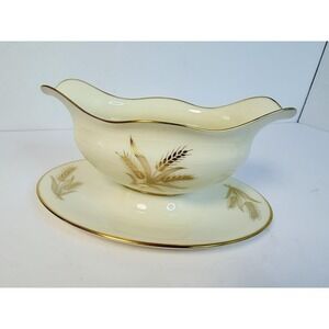 Lenox Harvest Wheat Bone China 24k Gold Gravy Boat With Underplate R-441